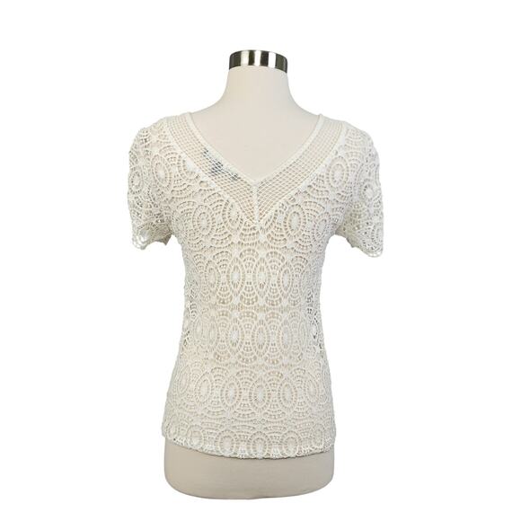 Daniel Rainn Womens Crochet Lace Blouse Size XS White Sheer Bohemian Cottage - Picture 4 of 10